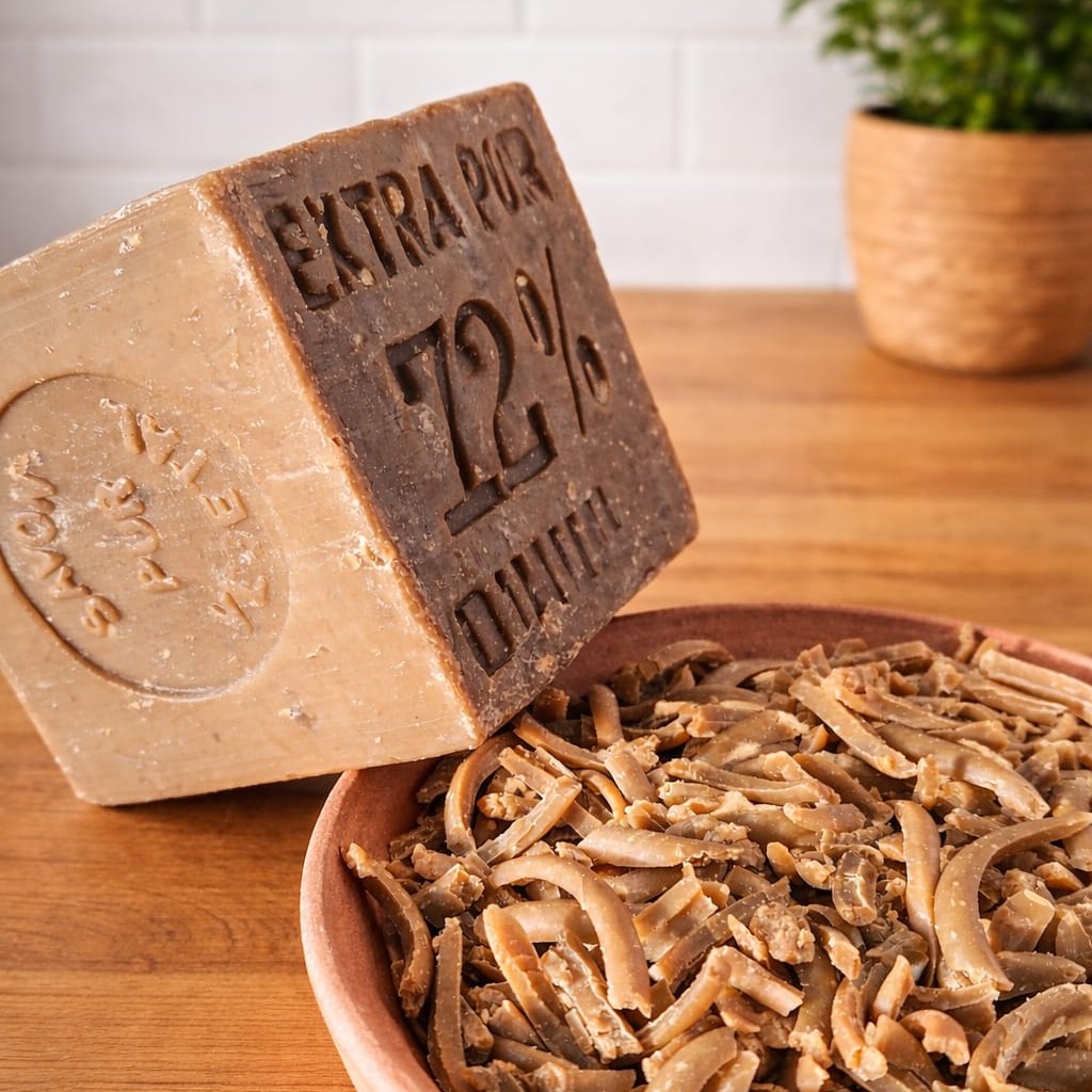 Atelier de produits ménagers naturels à Rouen en Normandie : savon de Marseille et copeaux utilisés pour fabriquer des produits d’entretien écologiques.