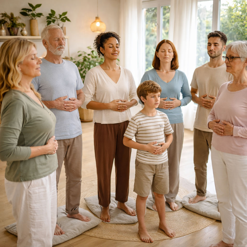 Séance de sophrologie en groupe dans une collectivité – moment de détente et de recentrage accessible à tous.