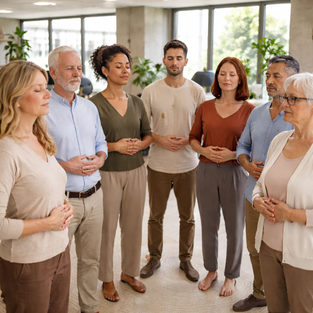 Groupe en entreprise participant à un atelier de sophrologie – exercices de respiration et bien-être au travail.